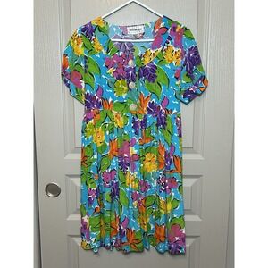 VTG Marta Bay Floral Hawaiian Baby Doll Pleated Mini Dress Small Beach Vacation